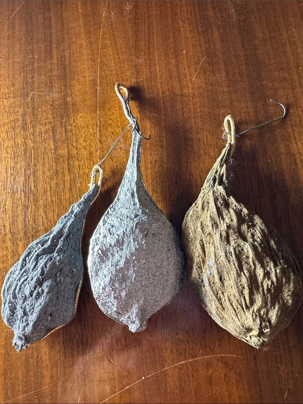 3 Vintage Kitschy Homemade Glass Ornaments in Milkweed Pods